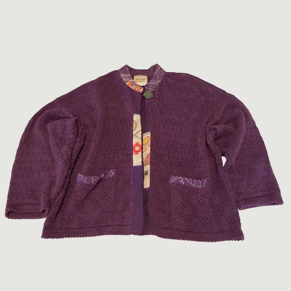 Veranda Wear Vintage Purple Cotton Knit Cardigan Beaded Toggle Art To Wear Large